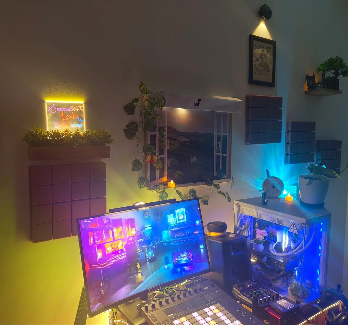 The desk in Kashmir: a lit SoundSoft Lab and SonoLune sign above a planter, a painted window framed by vines, acoustic panels on the wall, a curved display, an Ableton Push, a small mixer, a studio monitor and a desktop computer